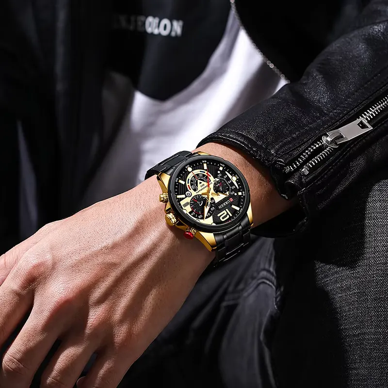 Curren Luxury Chronograph Black-Gold Dial Men's Watch- 8395
